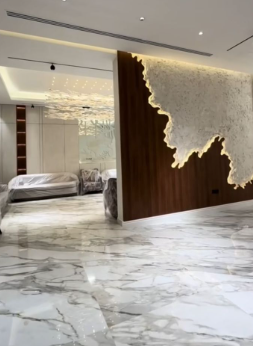 ديكور جدار حجري فاخر في مجلس سعودي حديث.