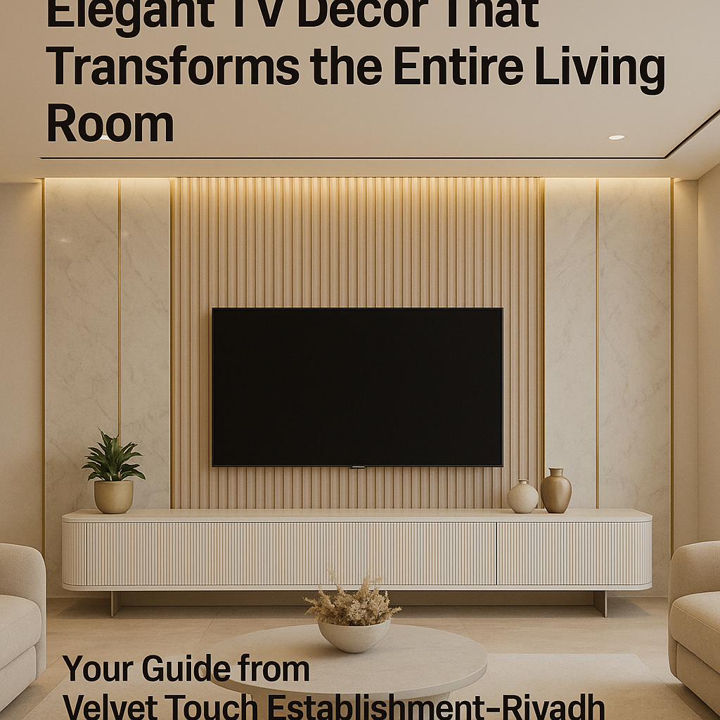 ديكور تلفزيون خشبي بسيط داخل صالة عصرية، مع إنارة خفية وتوزيع أنيق.